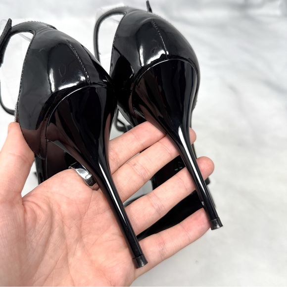 Saint Laurent YSL Cassandra Patent Leather Strappy Sandal Heel Designer Black 37 - Picture 9 of 16